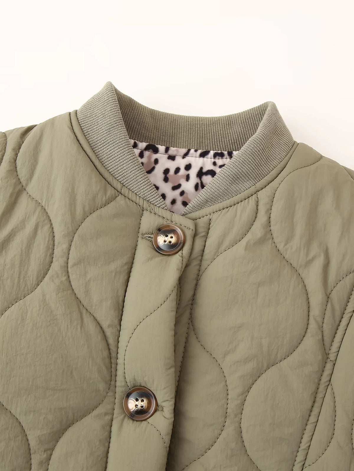 Quilted Leopard Lined Collarless Jacket - Green - 2