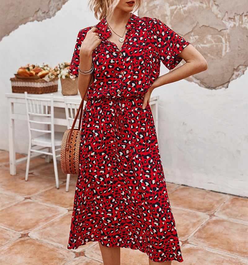 V Neck Flutter Sleeve Printed Midi Dress - Red
