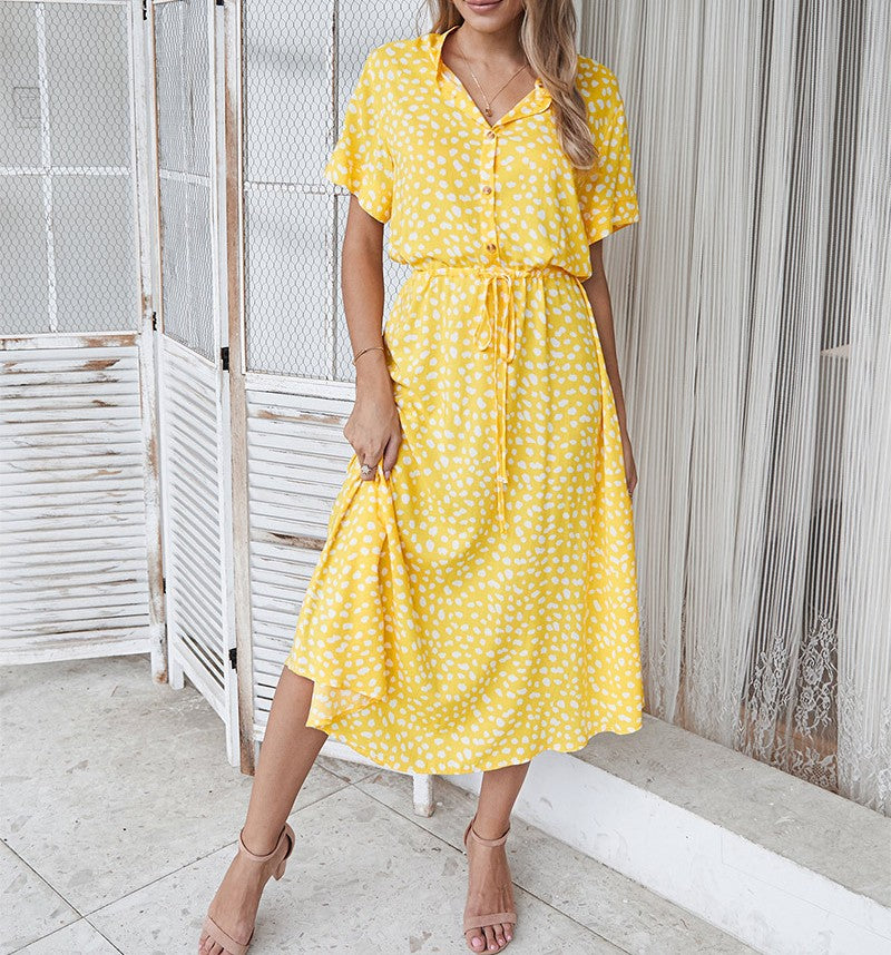 V Neck Flutter Sleeve Printed Midi Dress - Yellow