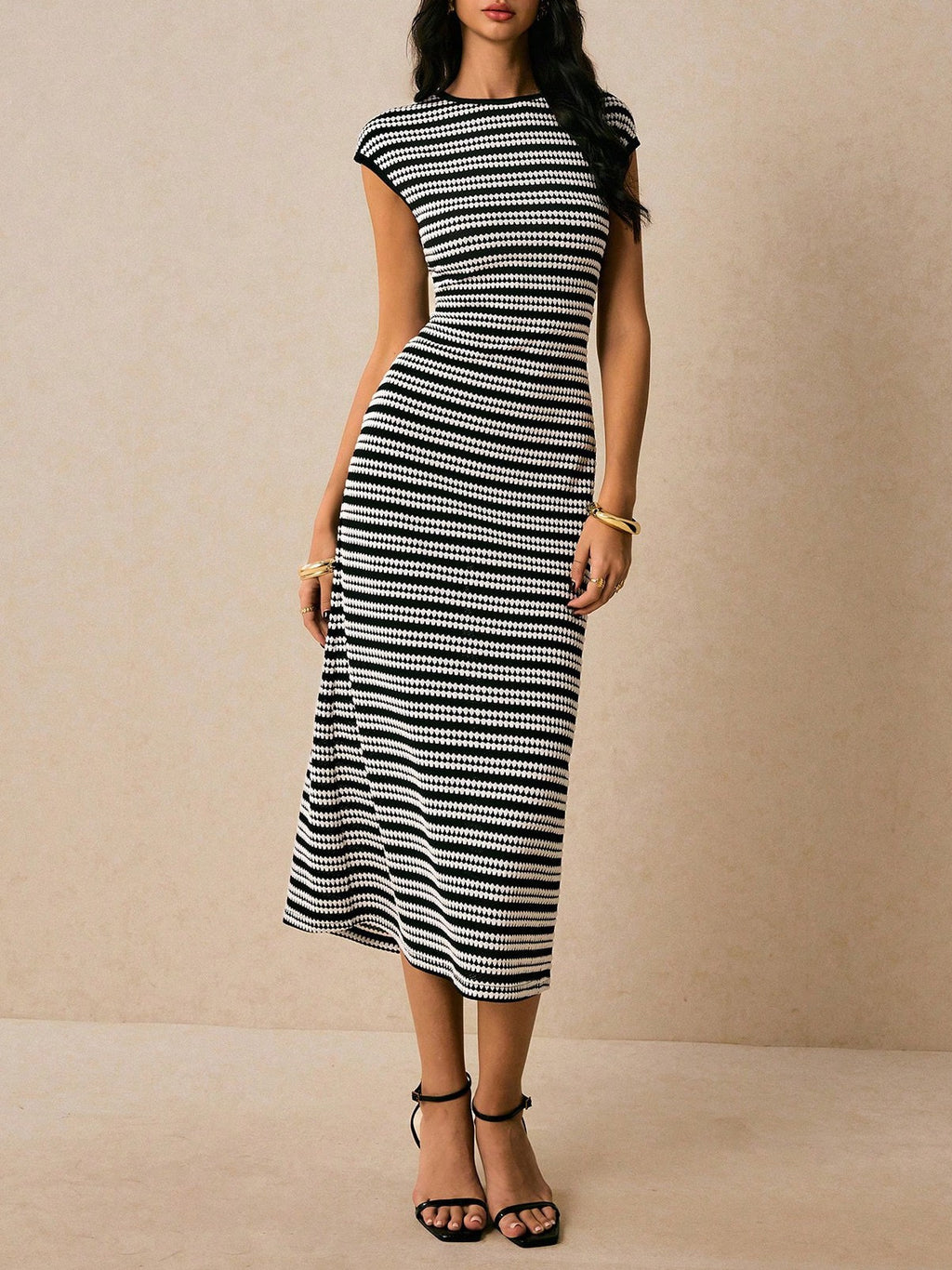 Striped Ribbed Knit Bodycon Midi Dress - Black