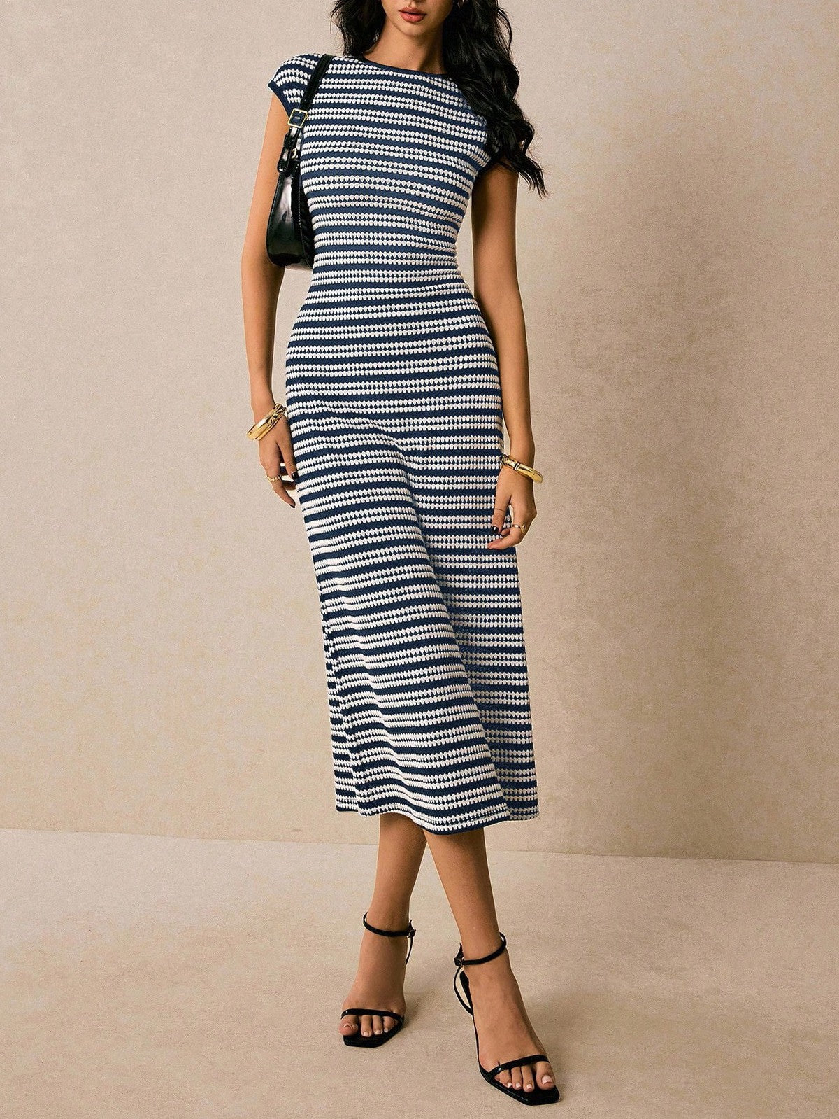 Striped Ribbed Knit Bodycon Midi Dress - Blue
