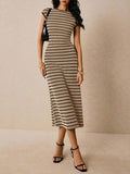 Striped Ribbed Knit Bodycon Midi Dress - Brown