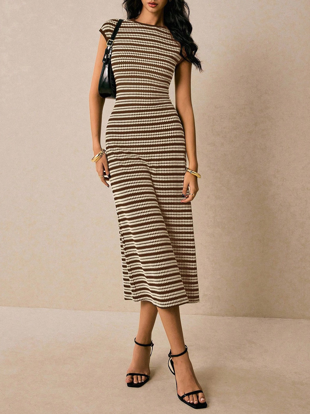 Striped Ribbed Knit Bodycon Midi Dress - Brown