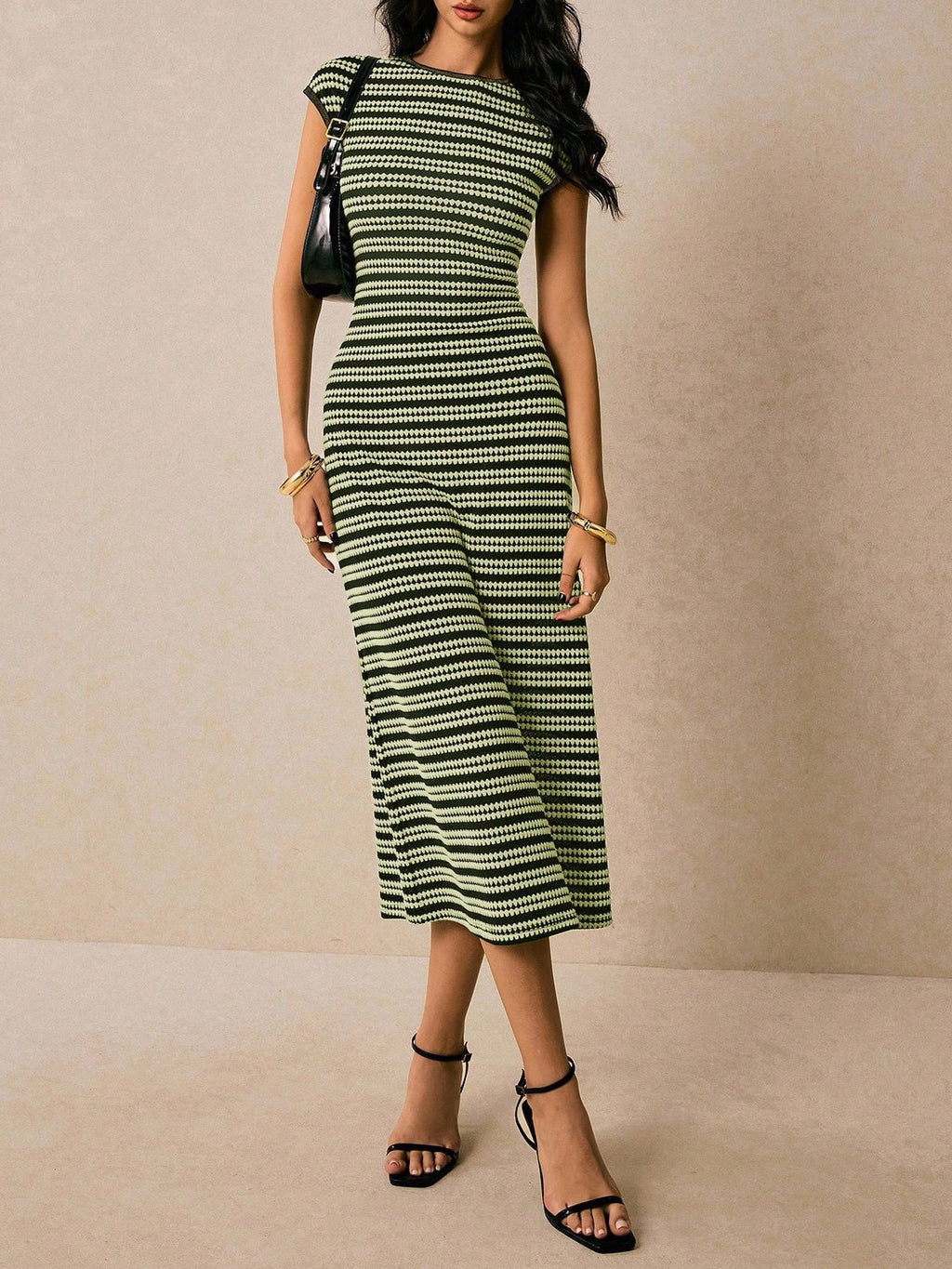 Striped Ribbed Knit Bodycon Midi Dress - Green