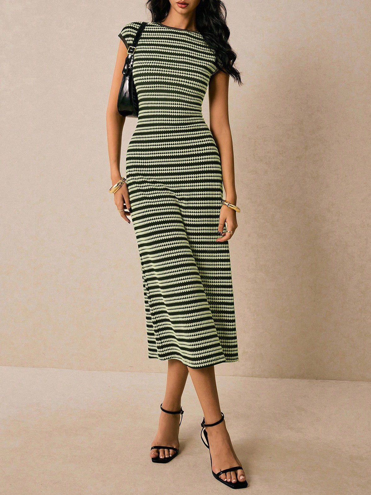 Striped Ribbed Knit Bodycon Midi Dress - Green