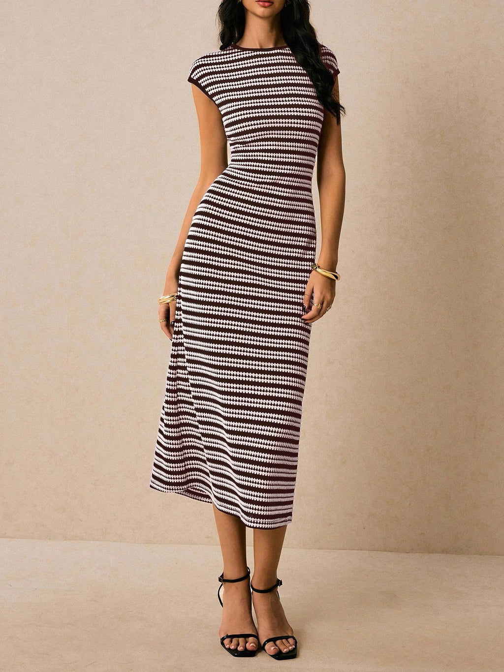 Striped Ribbed Knit Bodycon Midi Dress - WineRed