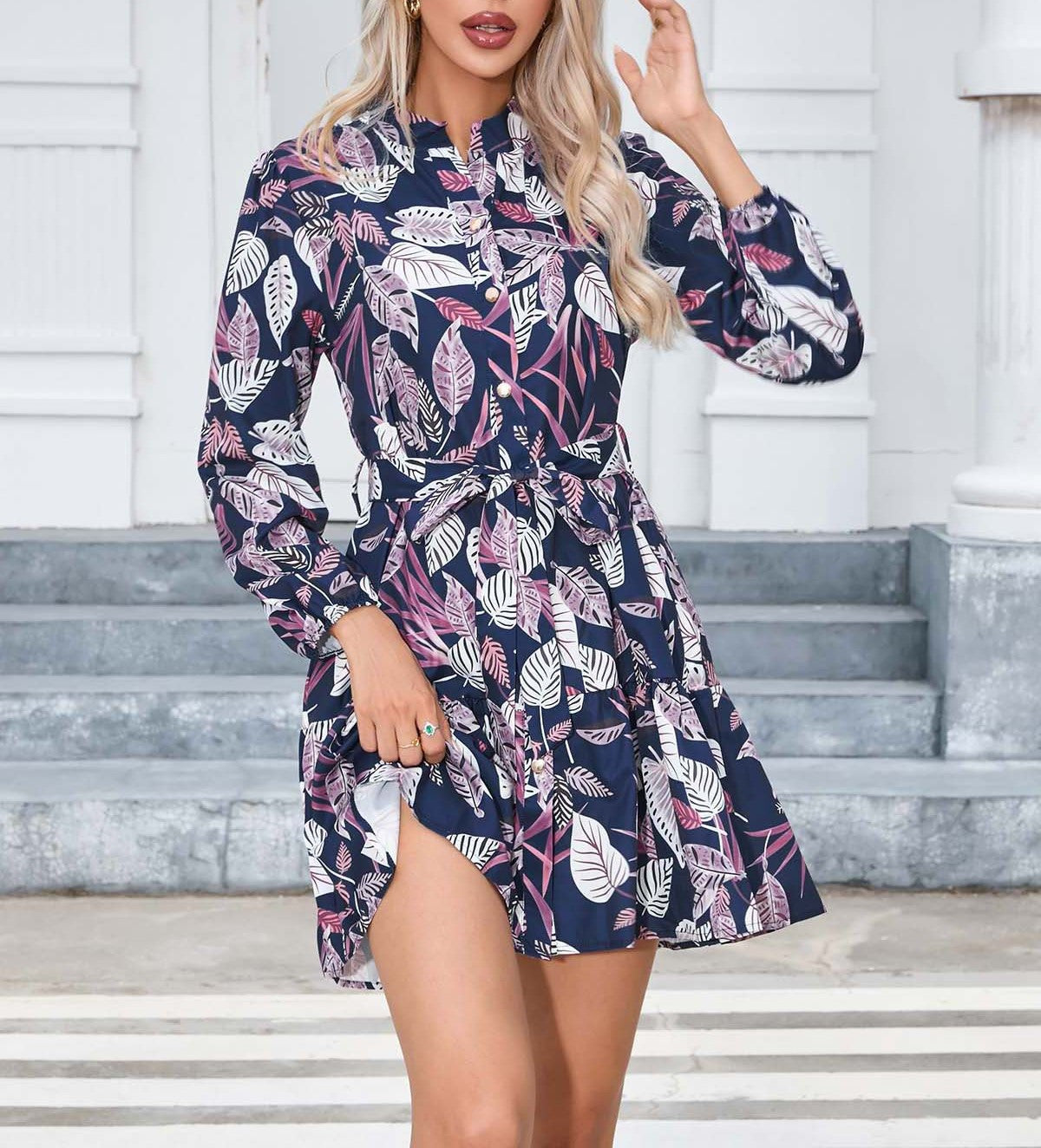 Printed Button Front Tiered Mini Dress - Blue - 3