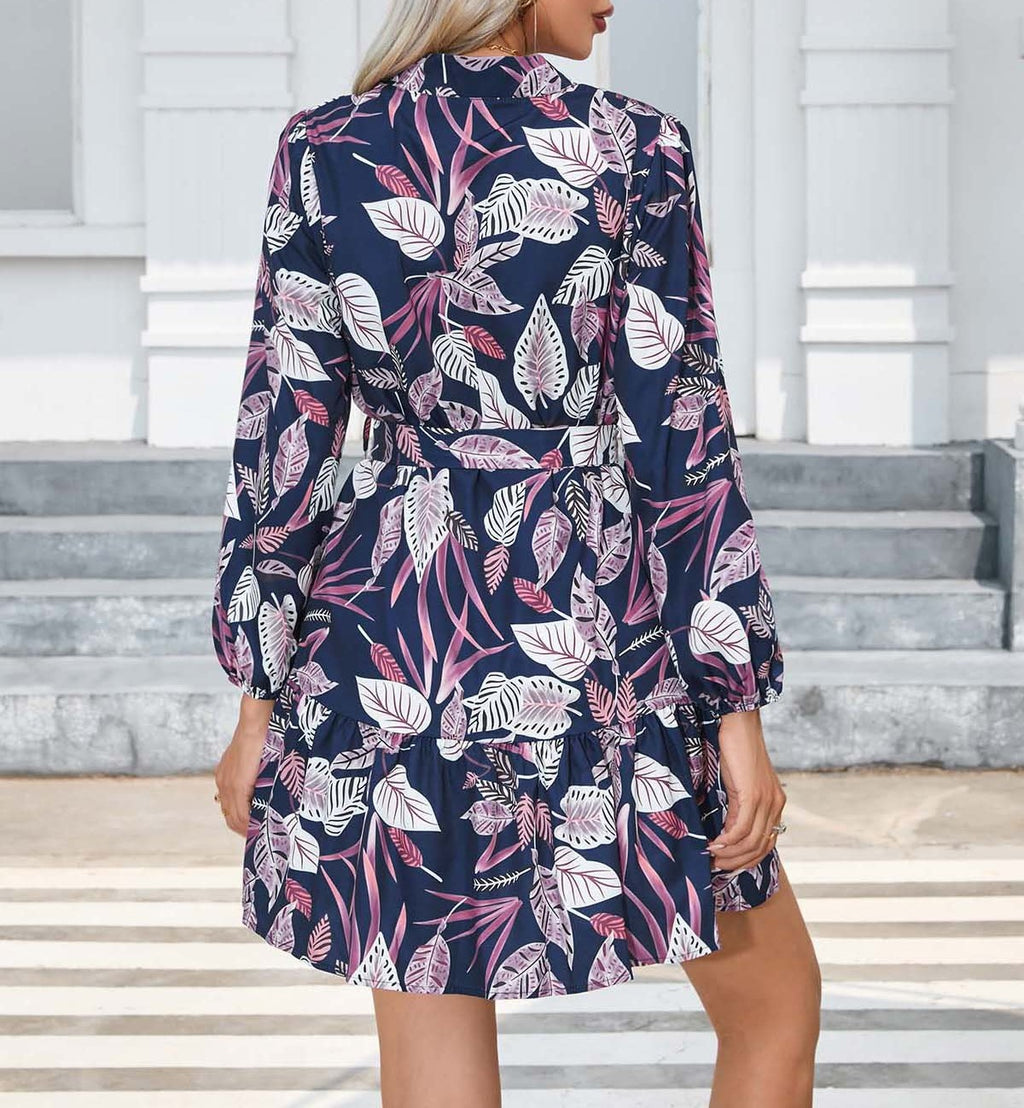 Printed Button Front Tiered Mini Dress - Blue - 4