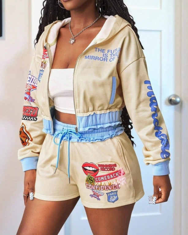Patch Print Cropped Hoodie and Shorts Set - Apricot
