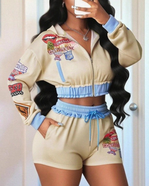 Patch Print Cropped Hoodie and Shorts Set - Apricot - 3