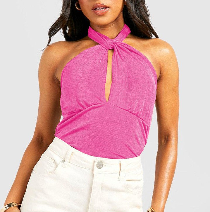 Twist Halter Keyhole Cutout Bodysuit - Pink