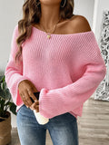 Slouchy Ribbed Boat Neck Flare Sleeve Sweater - Pink