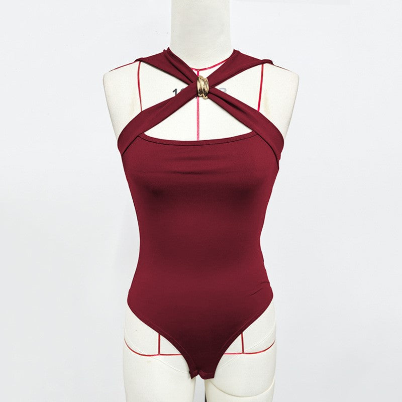 Cross Strap Halter Neck Bodysuit - Winered