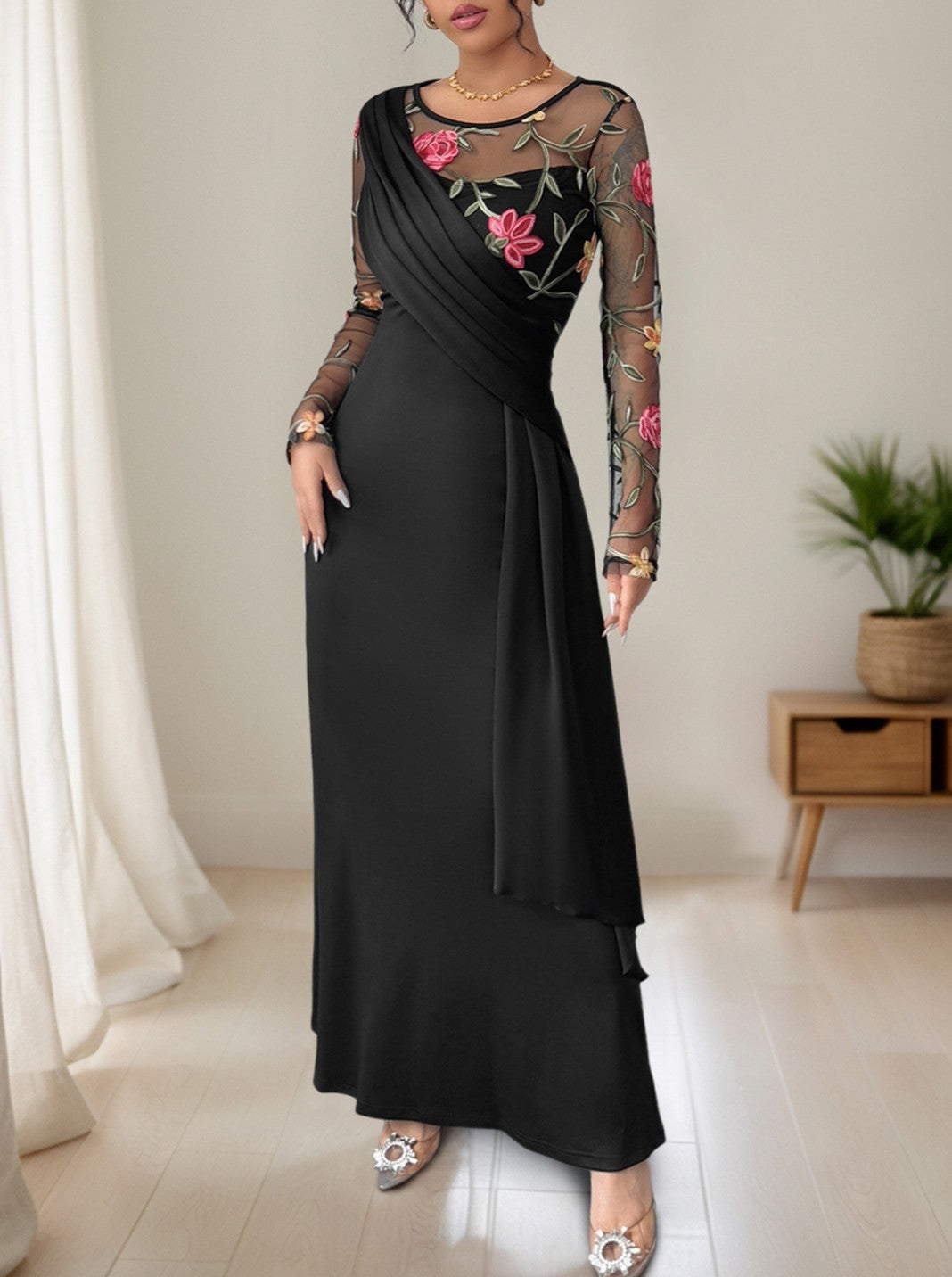 Floral Embroidered Mesh Sleeve Ruched Maxi Dress - Black