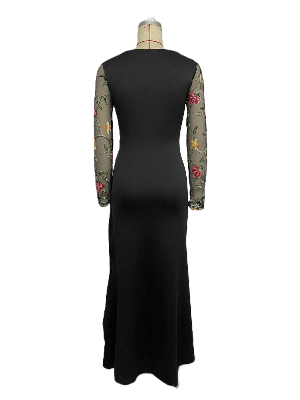 Floral Embroidered Mesh Sleeve Ruched Maxi Dress - Black - 2