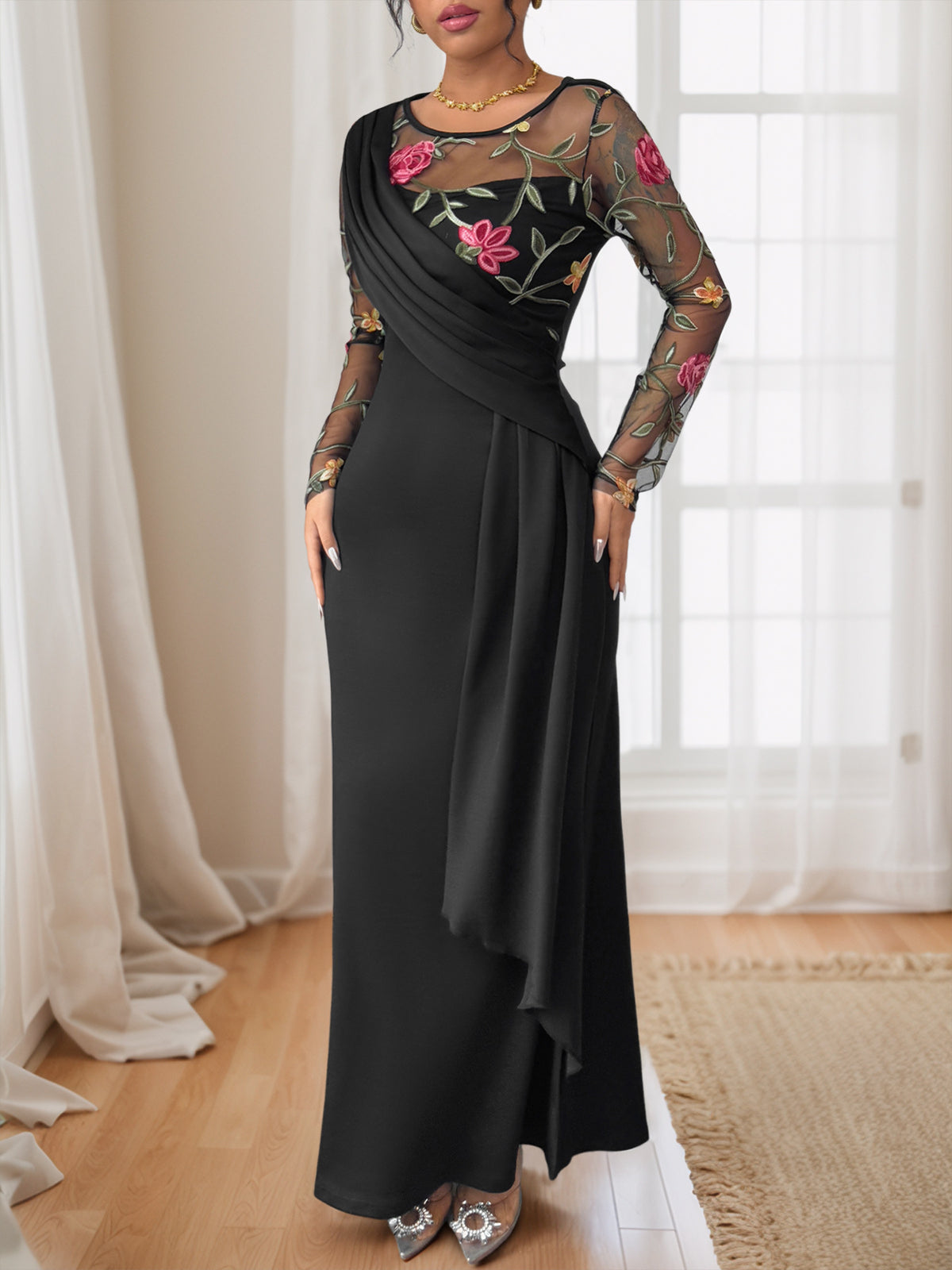 Floral Embroidered Mesh Sleeve Ruched Maxi Dress - Black - 3