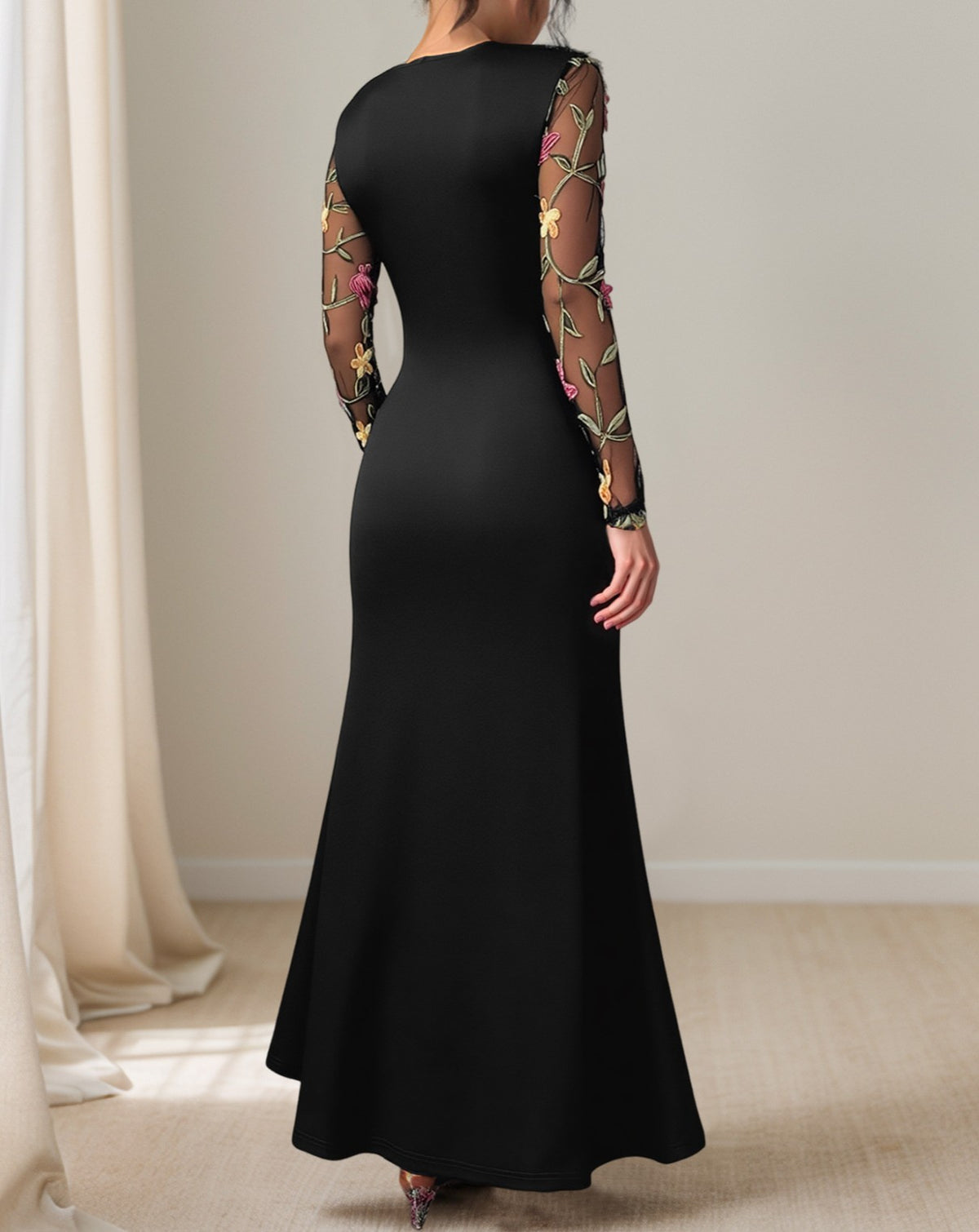 Floral Embroidered Mesh Sleeve Ruched Maxi Dress - Black - 4