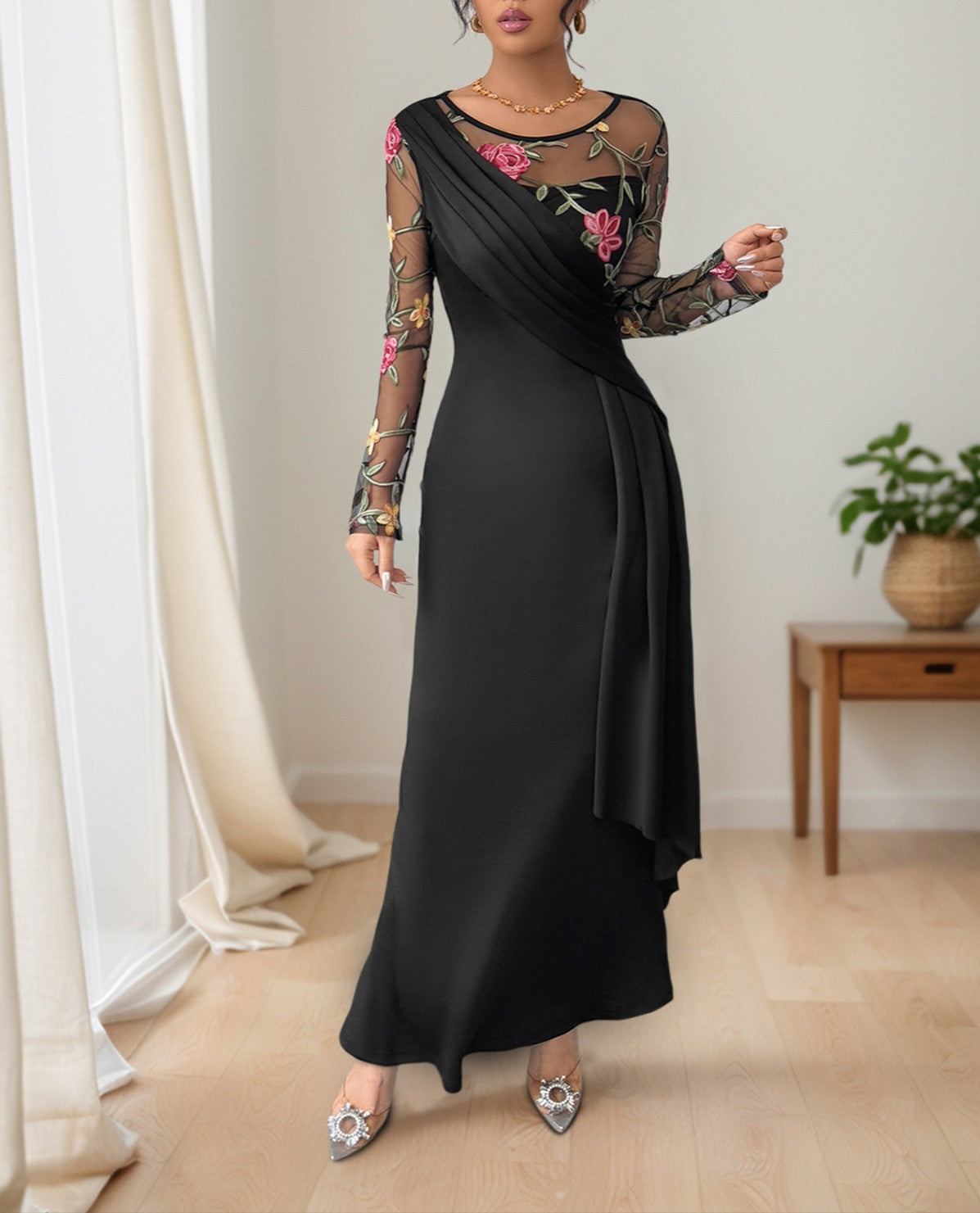Floral Embroidered Mesh Sleeve Ruched Maxi Dress