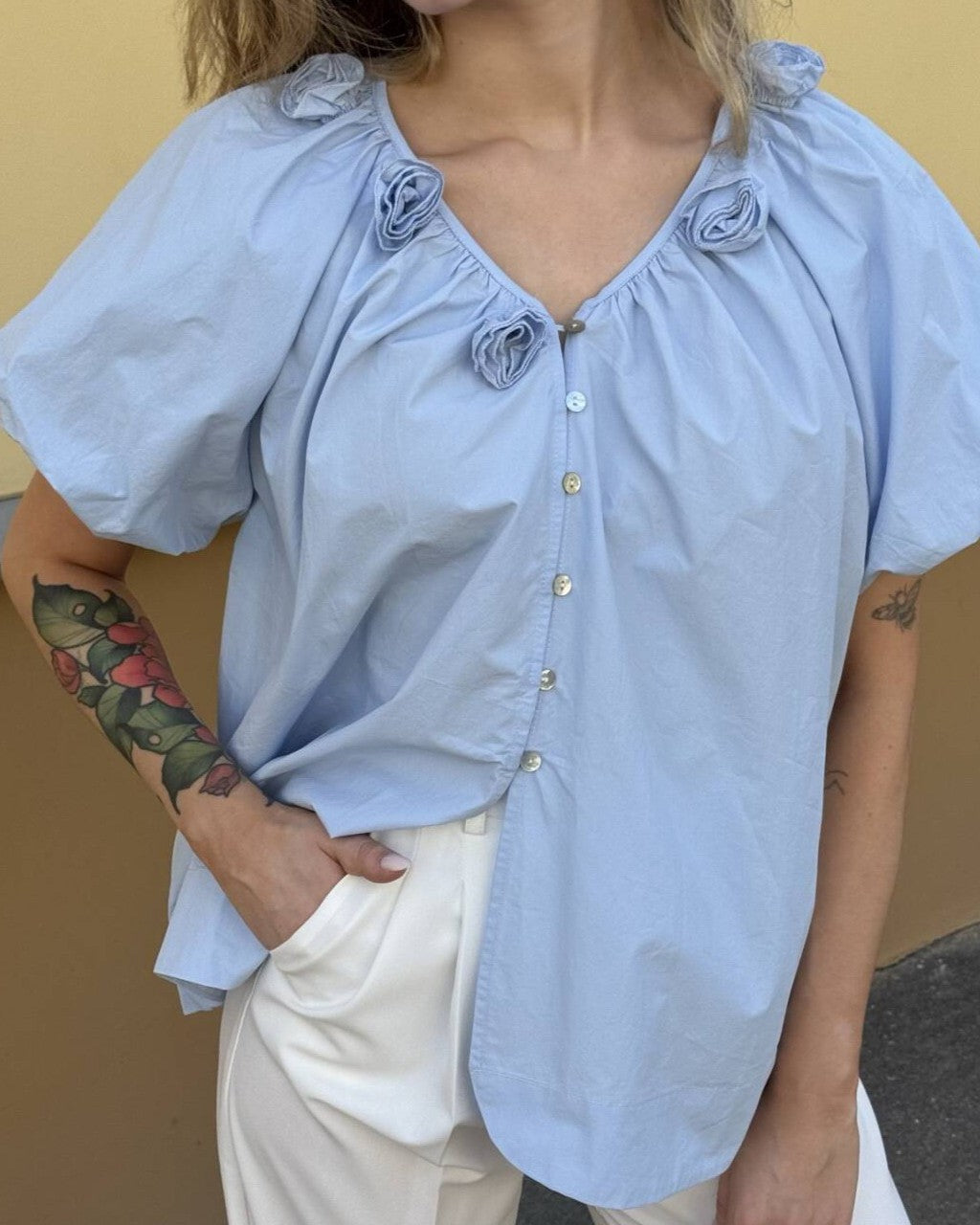 Rosette Trim Puff Sleeve V Neck Shirt - Blue