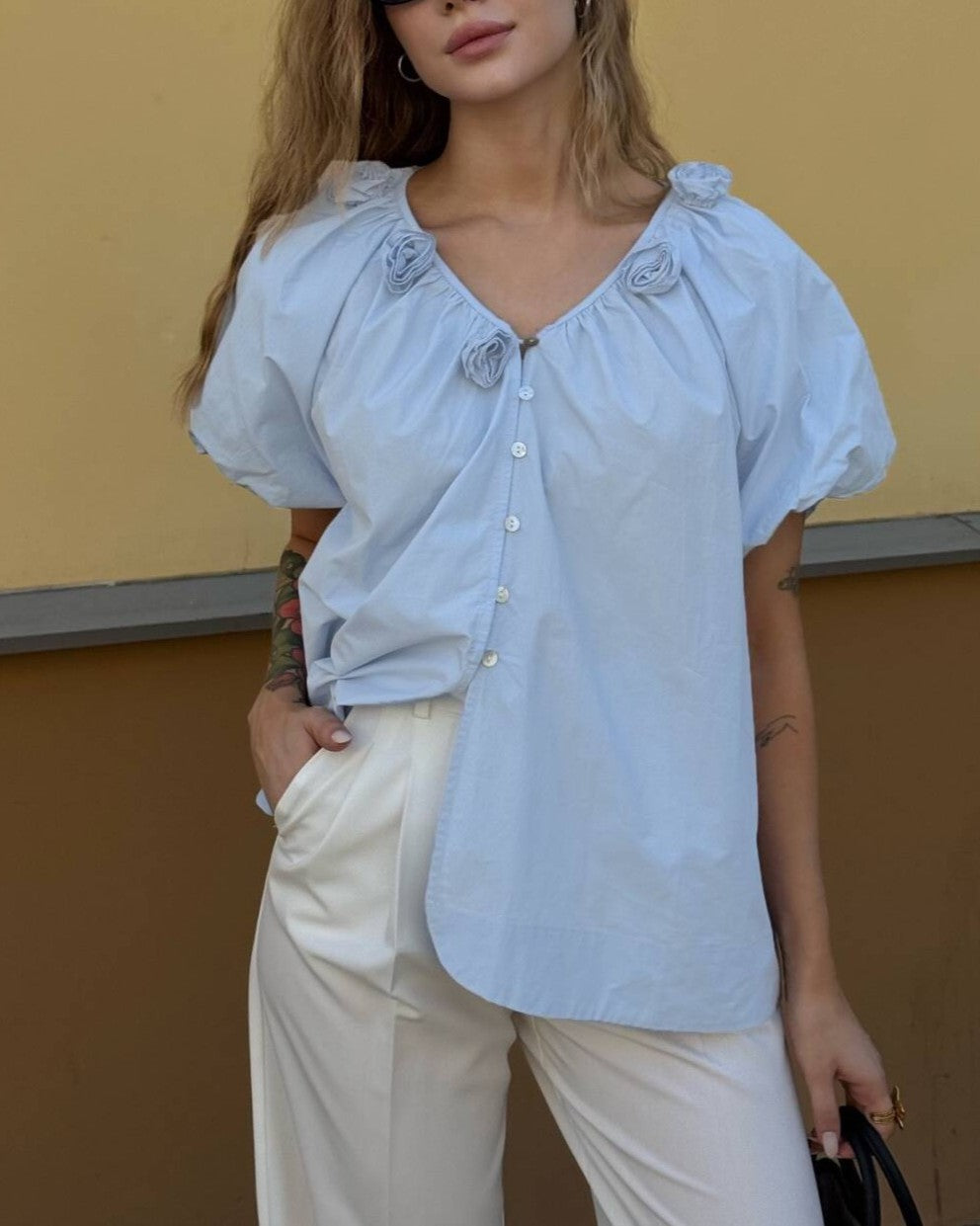Rosette Trim Puff Sleeve V Neck Shirt - Blue - 1