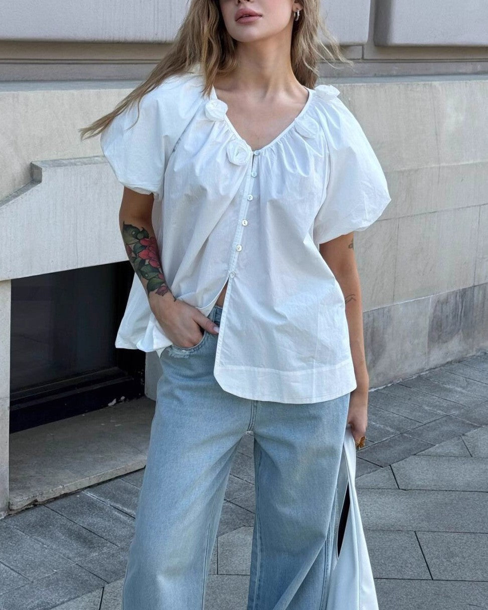 Rosette Trim Puff Sleeve V Neck Shirt - White - 1