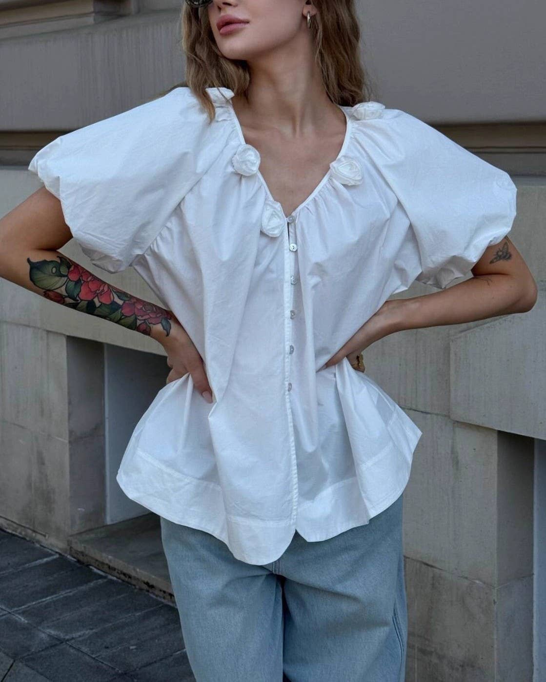 Rosette Trim Puff Sleeve V Neck Shirt