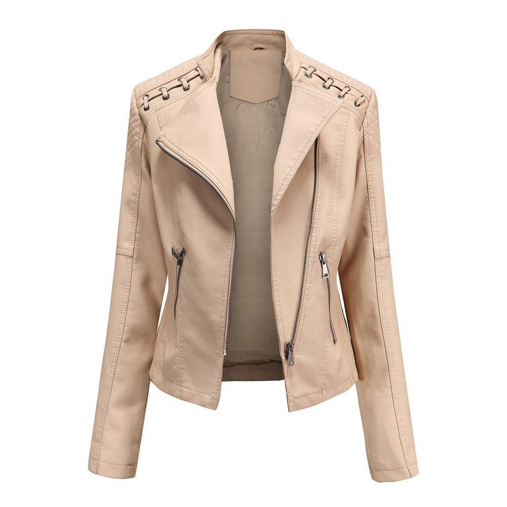 Lace Up Shoulder Faux Leather Moto Jacket - Beige