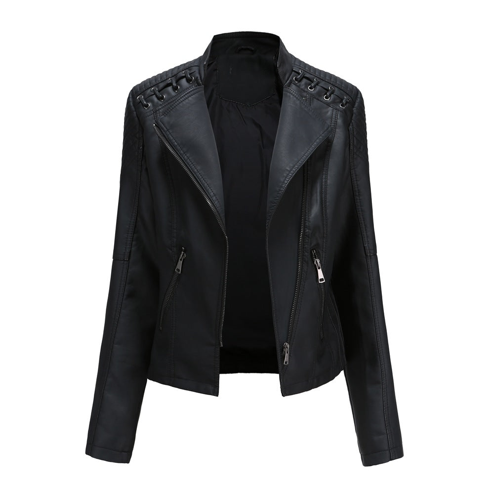 Lace Up Shoulder Faux Leather Moto Jacket - Black