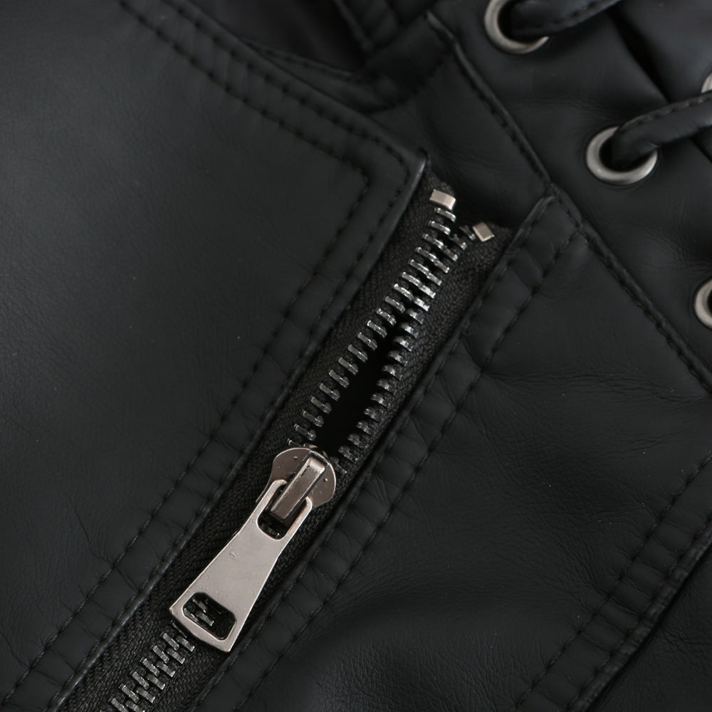 Lace Up Shoulder Faux Leather Moto Jacket - Black - 1