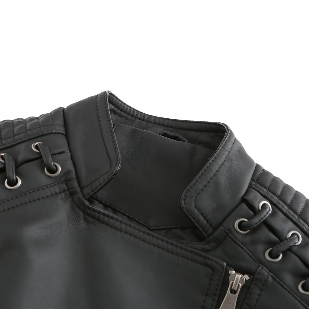 Lace Up Shoulder Faux Leather Moto Jacket - Black - 2