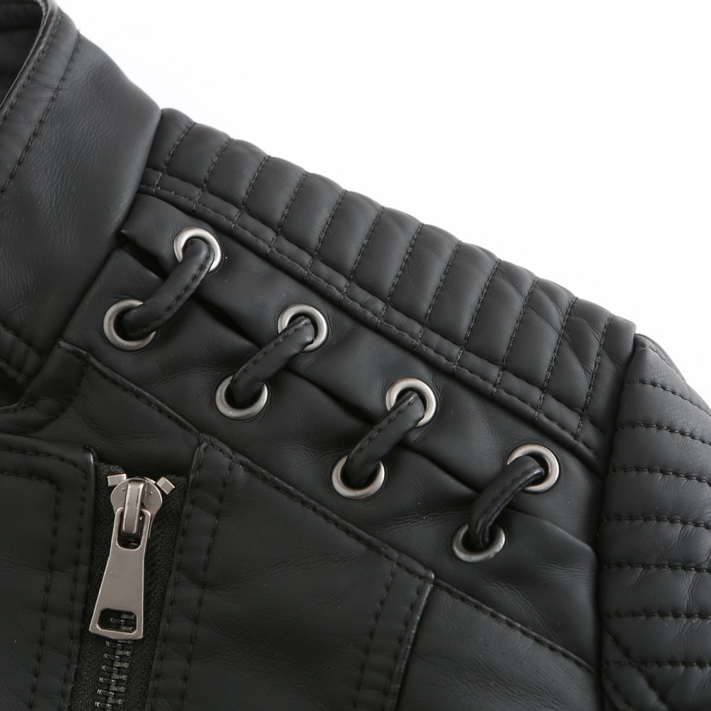 Lace Up Shoulder Faux Leather Moto Jacket - Black - 3