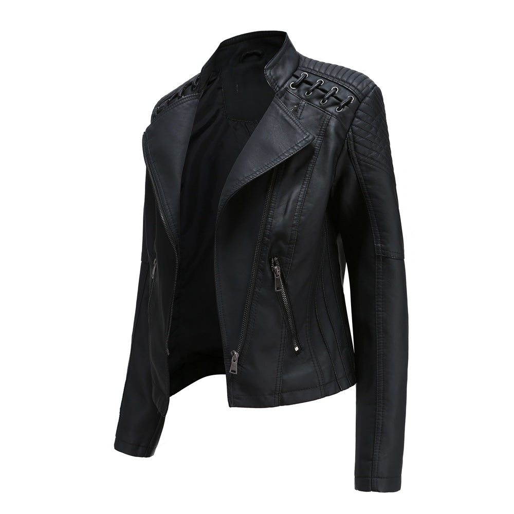 Lace Up Shoulder Faux Leather Moto Jacket - Black - 6
