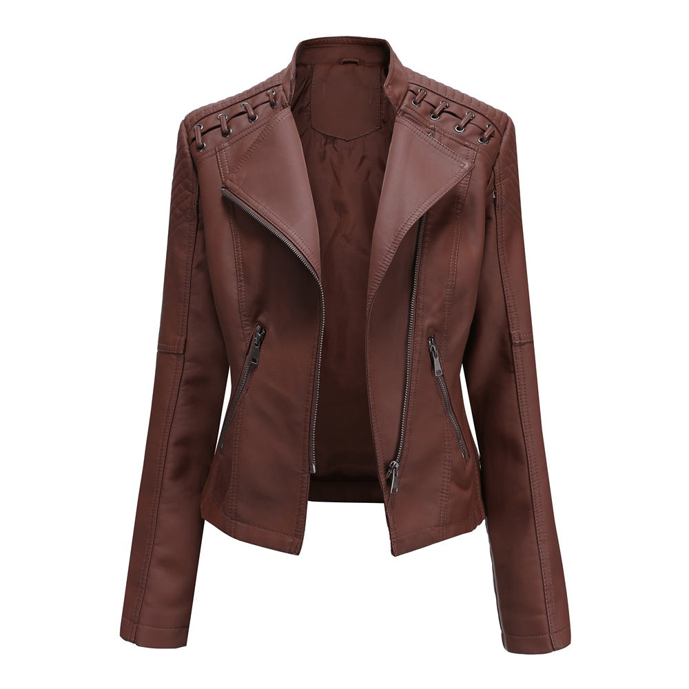 Lace Up Shoulder Faux Leather Moto Jacket - Brown