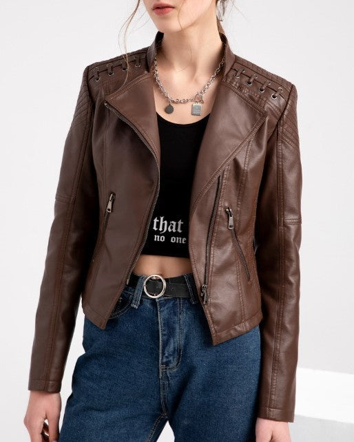 Lace Up Shoulder Faux Leather Moto Jacket - Brown - 1