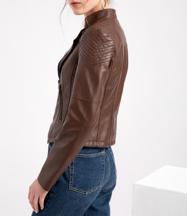 Lace Up Shoulder Faux Leather Moto Jacket - Brown - 2