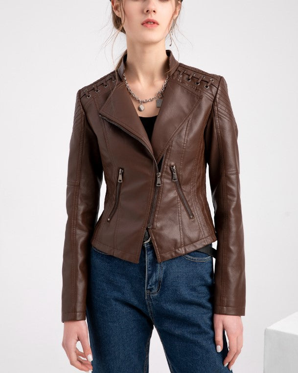 Lace Up Shoulder Faux Leather Moto Jacket - Brown - 3