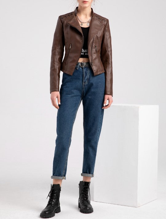 Lace Up Shoulder Faux Leather Moto Jacket - Brown - 4