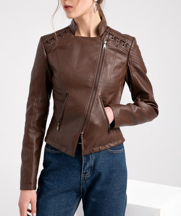 Lace Up Shoulder Faux Leather Moto Jacket - Brown - 6