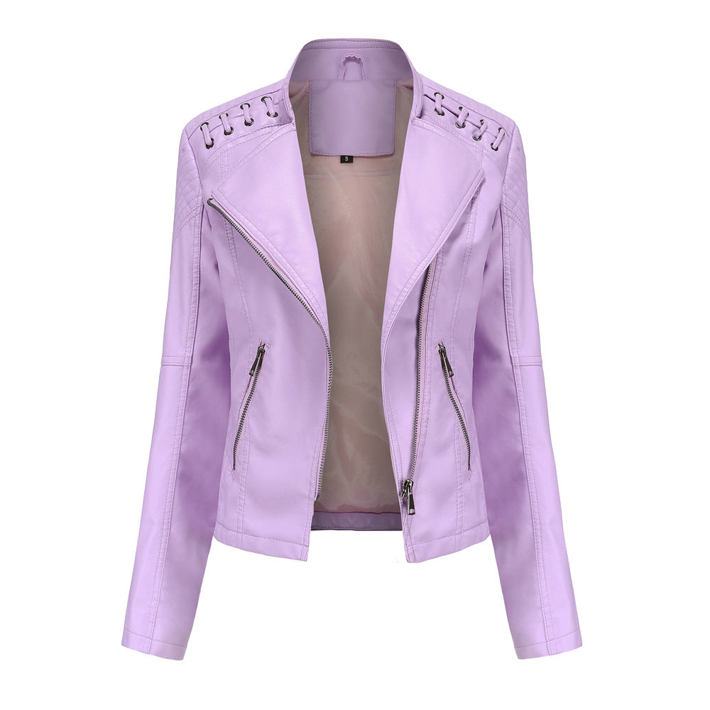 Lace Up Shoulder Faux Leather Moto Jacket - Lavendula