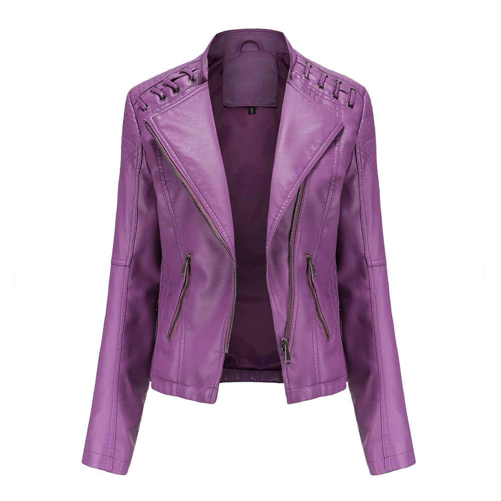 Lace Up Shoulder Faux Leather Moto Jacket - Liatris
