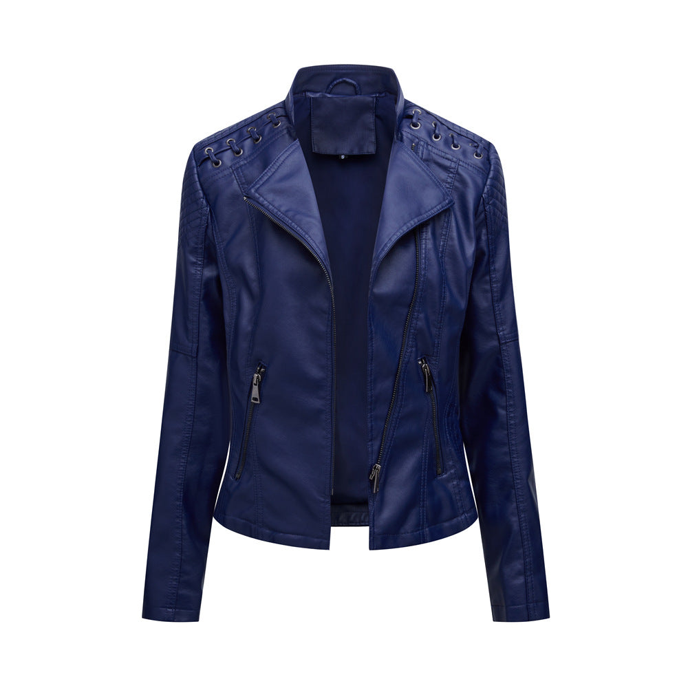 Lace Up Shoulder Faux Leather Moto Jacket - Navy