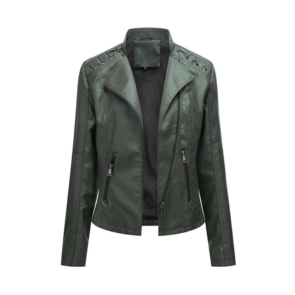 Lace Up Shoulder Faux Leather Moto Jacket - Olive