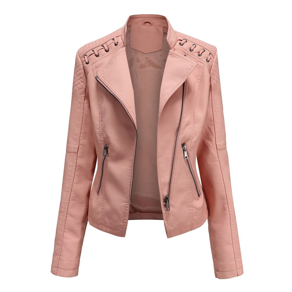 Lace Up Shoulder Faux Leather Moto Jacket - Pink