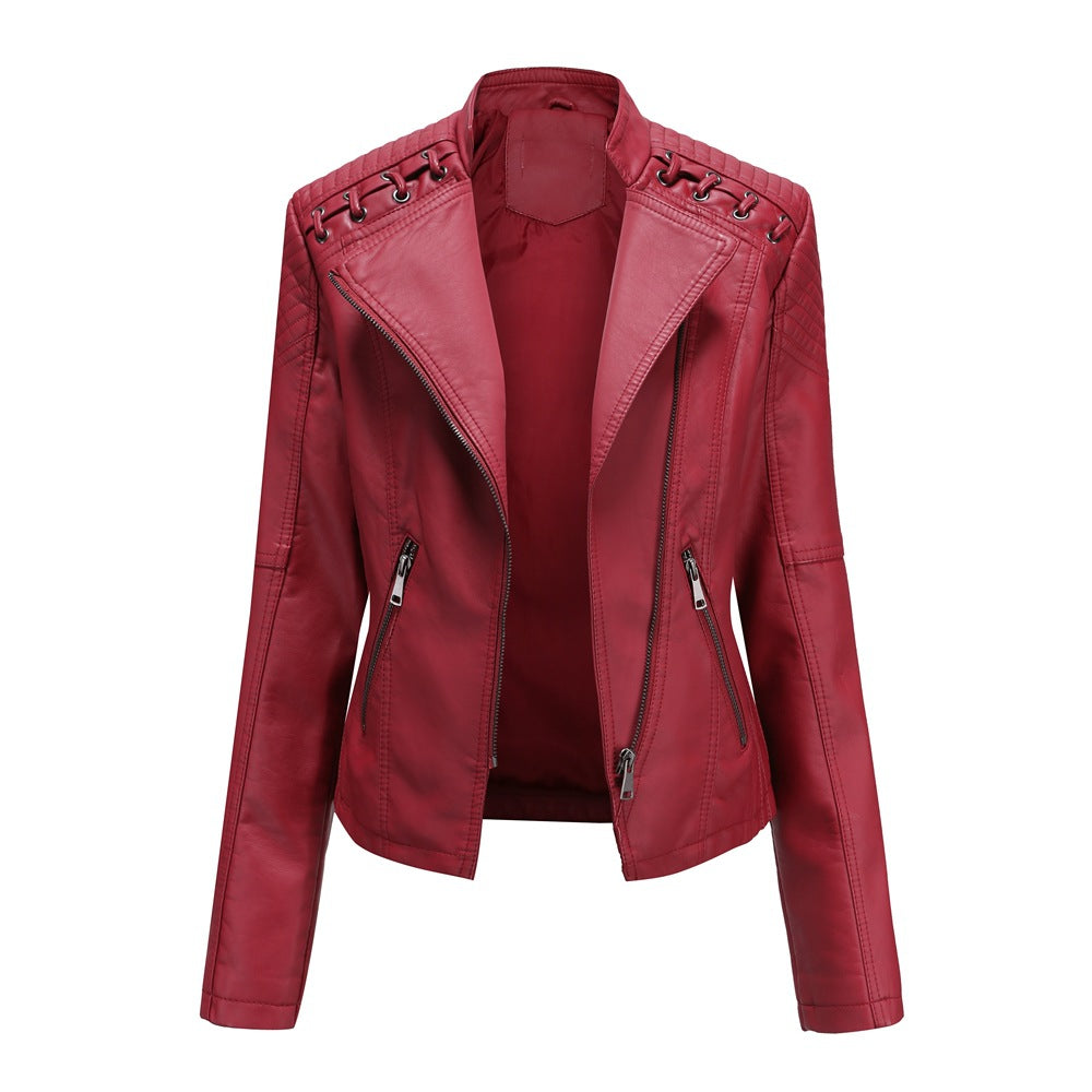 Lace Up Shoulder Faux Leather Moto Jacket - Red