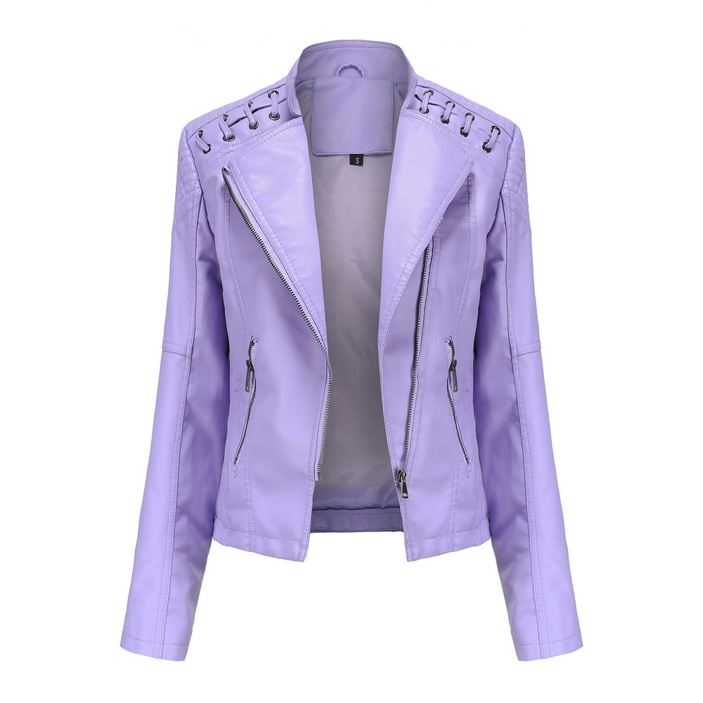 Lace Up Shoulder Faux Leather Moto Jacket - Violet Tulip