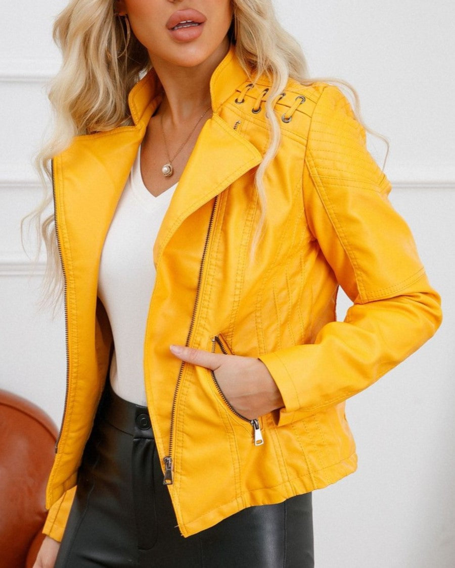 Lace Up Shoulder Faux Leather Moto Jacket - Yellow - 2