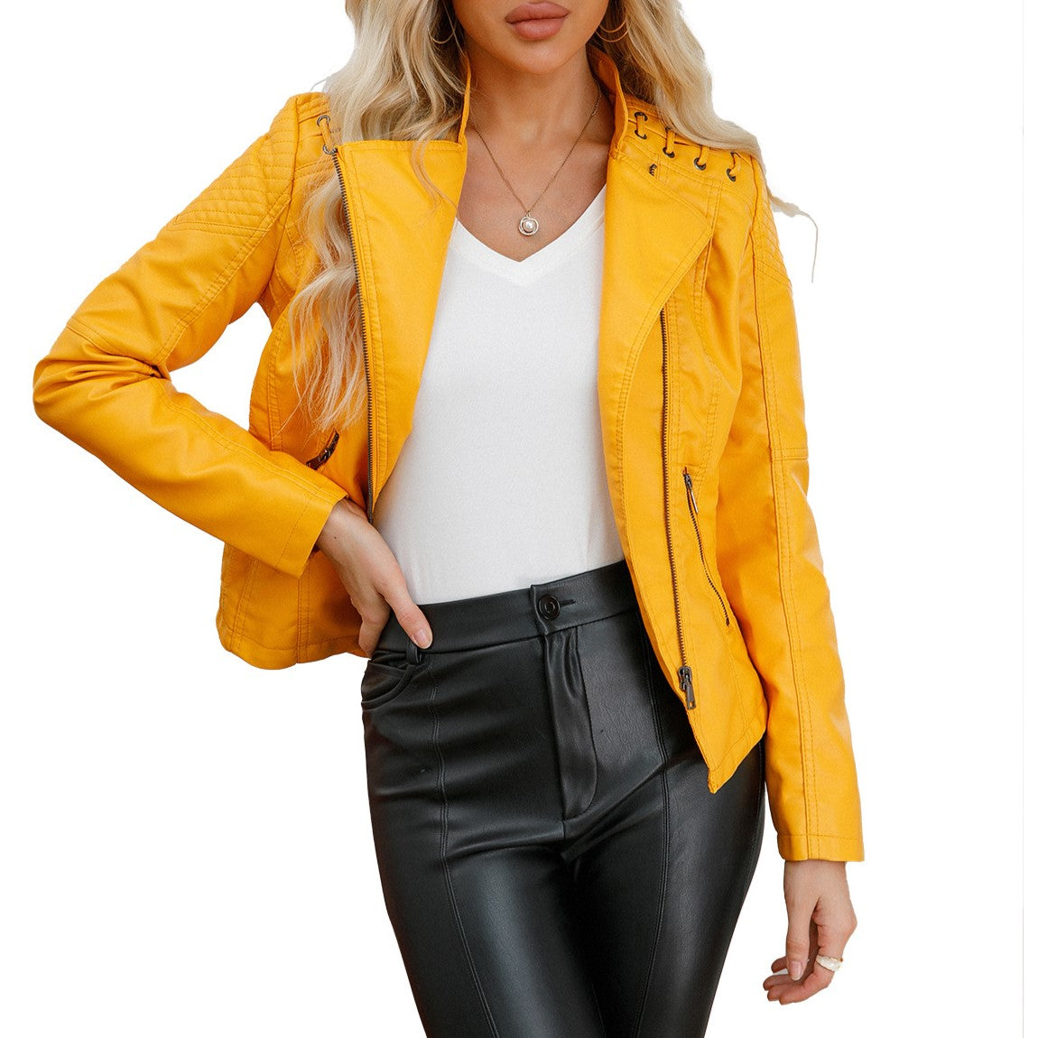 Lace Up Shoulder Faux Leather Moto Jacket - Yellow - 3