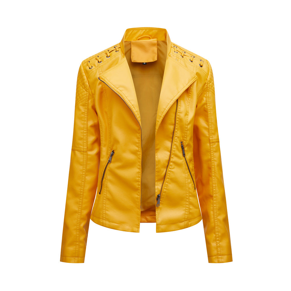 Lace Up Shoulder Faux Leather Moto Jacket - Yellow - 4