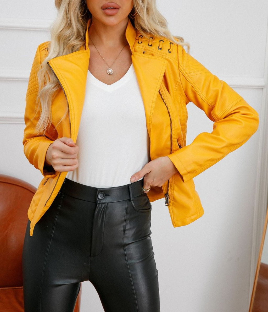 Lace Up Shoulder Faux Leather Moto Jacket - Yellow - 5