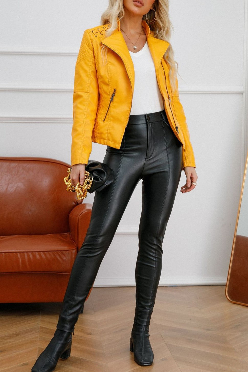 Lace Up Shoulder Faux Leather Moto Jacket - Yellow - 7